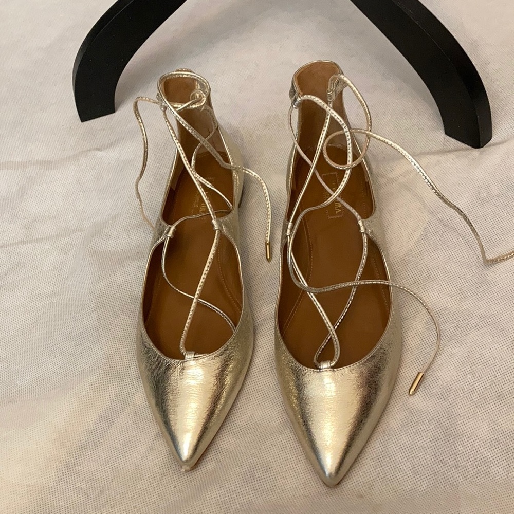 Aquazzura Christy Flat Gold Tie Lace Up Ballet New
